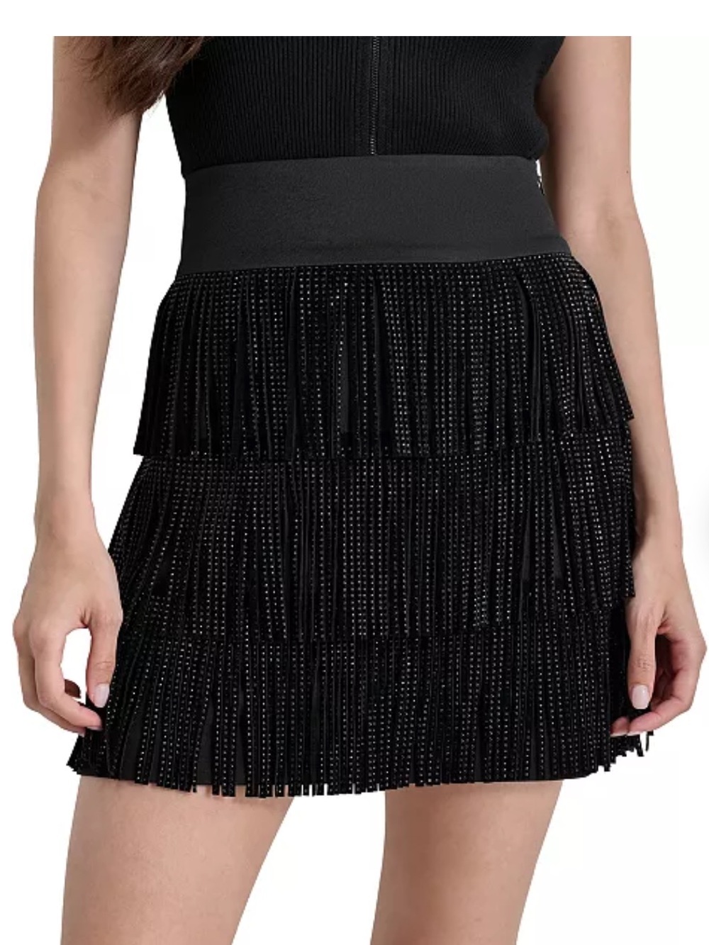 DKNY Studded Rhinestone Fringe Mini Skirt Black Sparkle Party Holiday Skirt